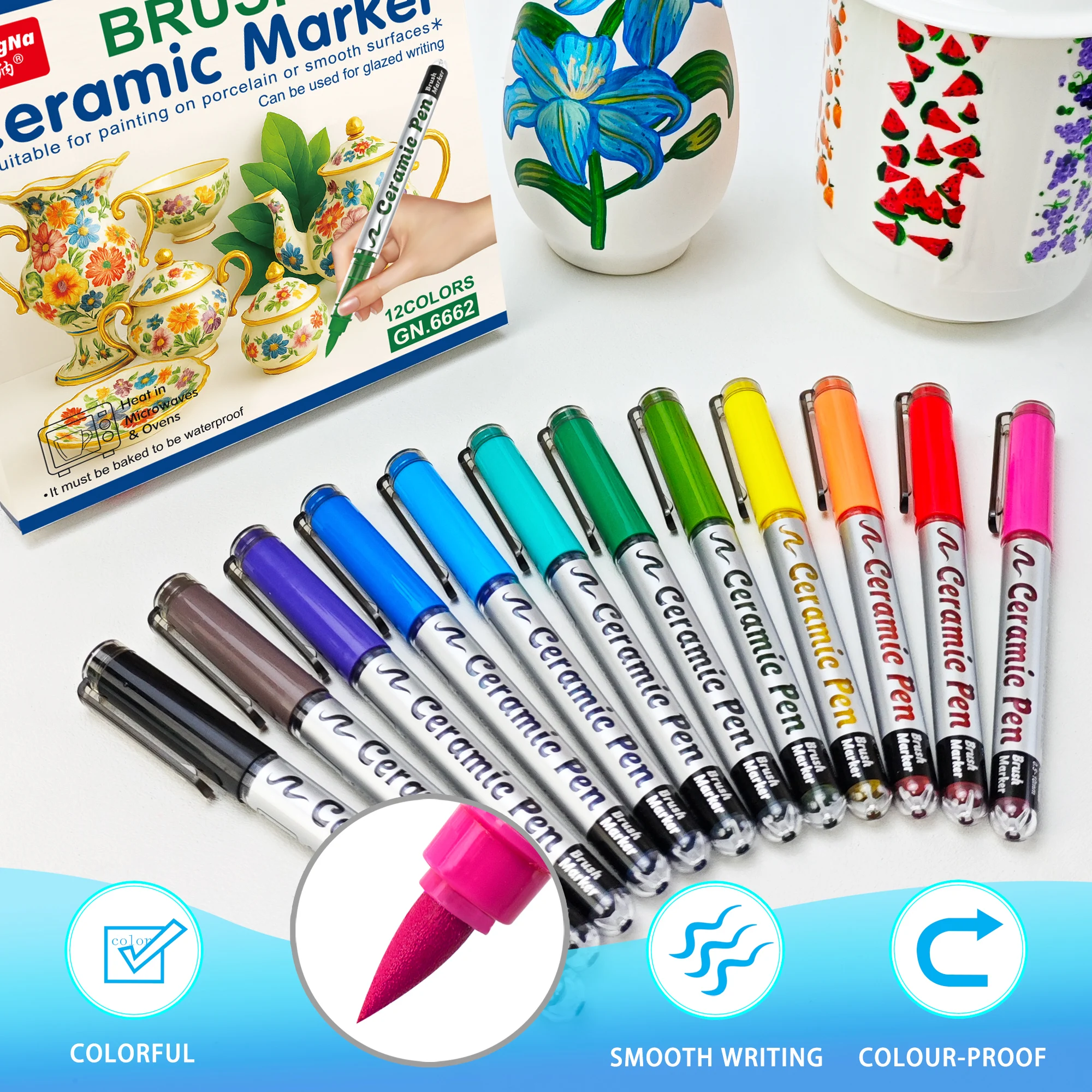 

Permanent Marke Ceramics Pens 12 Colors Porcelain Paint Brush Pen for Both Glazed and Unglazed Christmas Decoration Wine Markers