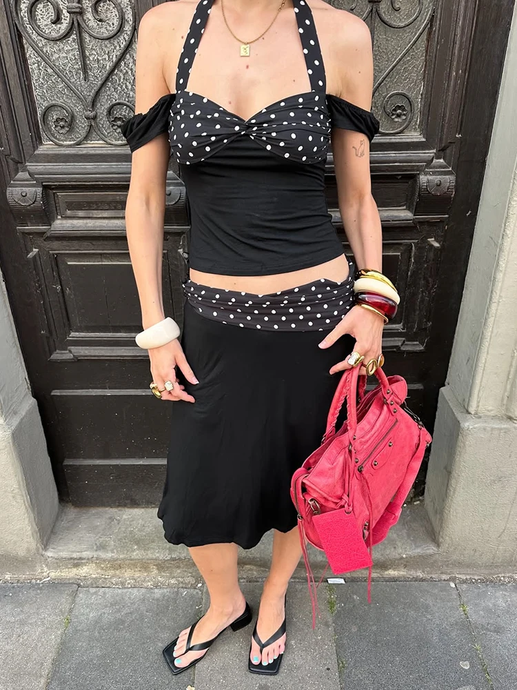 

Polka Dot Print Skirt Two Pieces Set Women's Fashion Halter Neck Short Sleeve Top Slim High Waist Skirt Suit Lady Outfit