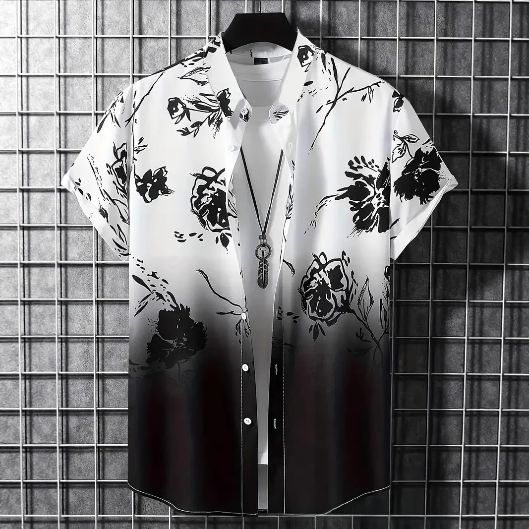 

Men's Casual Slim Fit Hawaiian irt Thin Print Elastic Fabric Beach Faion ort Sve Commute Sle Floral Patterned