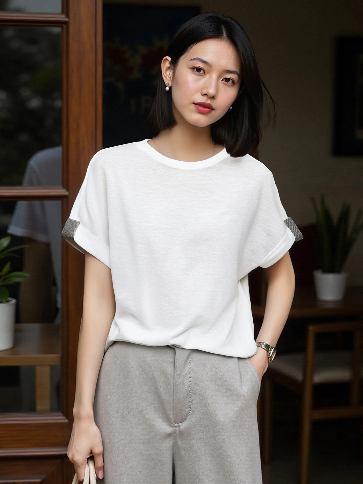 

Женская летняя футболка Chivirin из смесового шелка, свободного кроя, с круглым вырезом, универсальная, комфортная, новинка