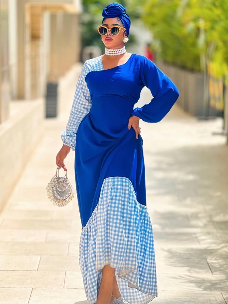 African Style Plus Size Blue Patchwork Maxi Dress in Synthetic Cotton for Parties, Events, and Photoshoots