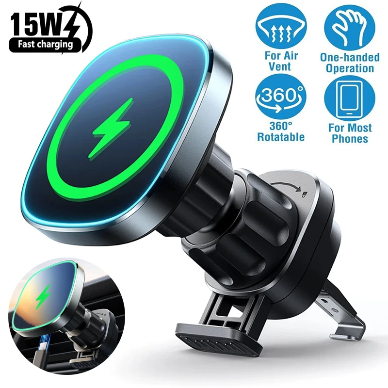 Magnetyczny uchwyt samochodowy z szybką ładowarką bezprzewodową 15W do iPhone 12 13 14 15 16 17 Pro Max Mini, mocowany do kratki wentylacyjnej, stacja dokująca.