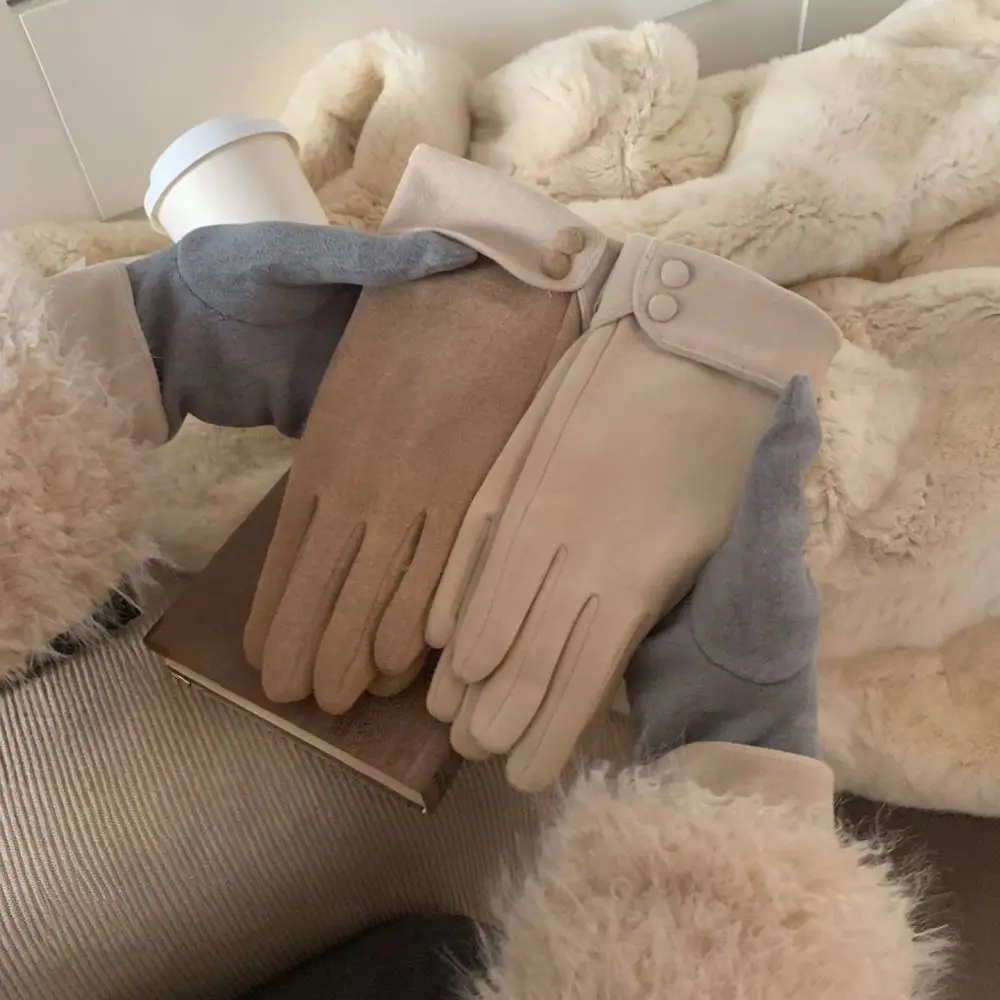 Thermal Touch Screen Gloves Winter Warm Fleece Lined Mittens Stylish Button Decor Soft Windproof Outdoor Riding For Ladies