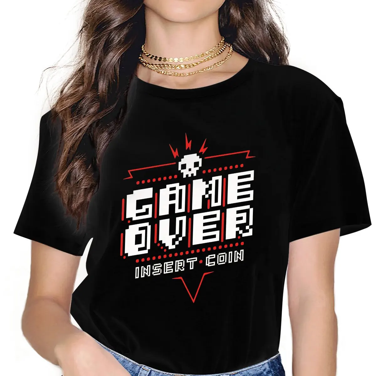 Fun Insert Coin T-Shirts for Women Round Collar T Shirts Game Over Short Sleeve Tee Shirt Printed Tops