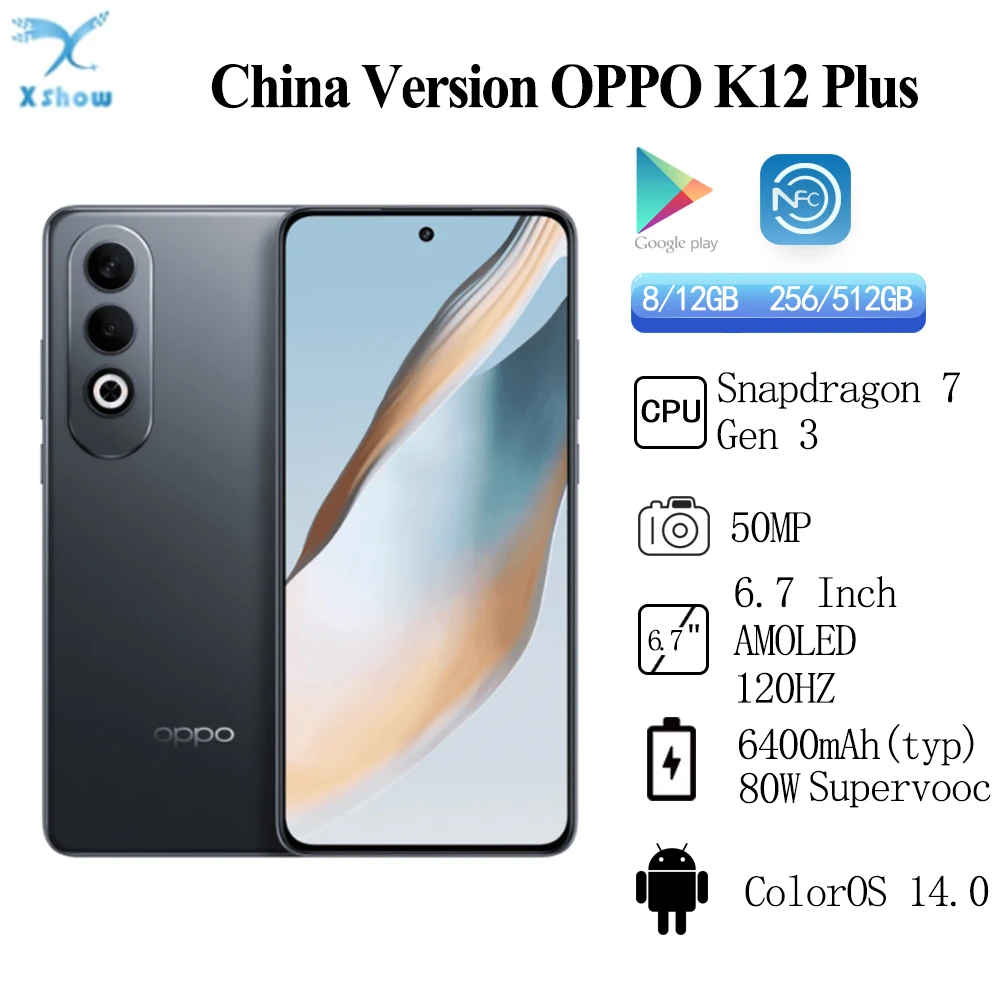 Neuer OPPO K12 Plus Snapdragon7 Gen 3 6400 mAh Akku 80 W SUPERVOOC 6,7'' AMOLED 120 Hz 50 MP NFC OTA Update