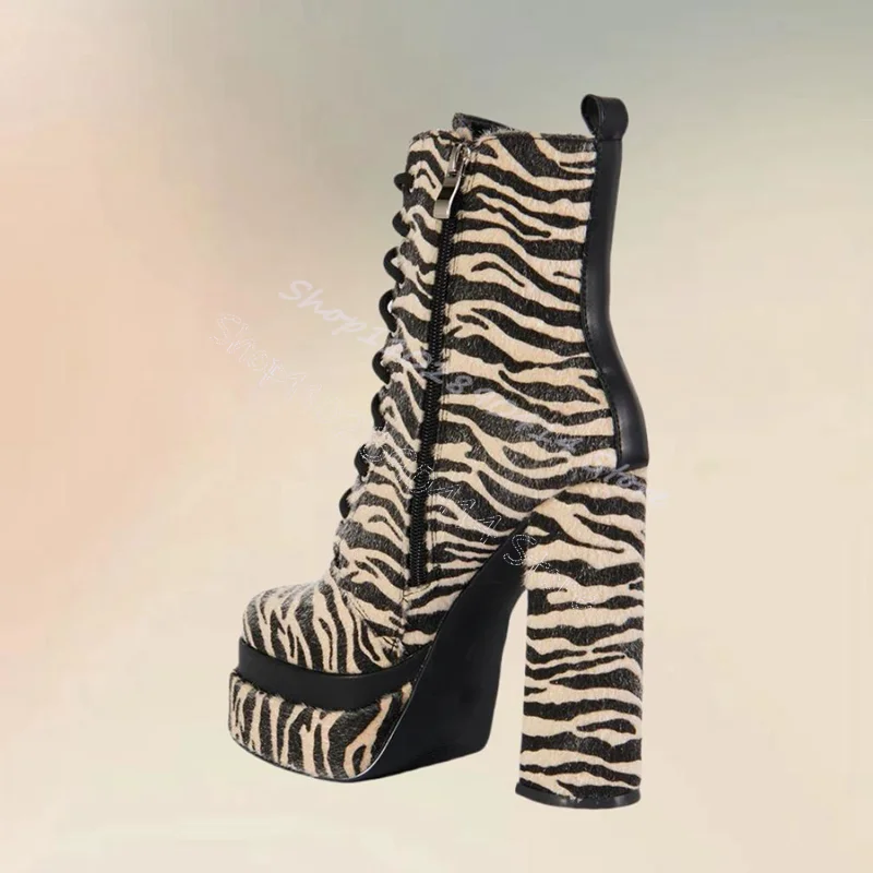 Zebra Print Horsehair Cross Tied Platform Boots Side Zipper Women Shoes Chunky High Heels Party Banquet 2024 Zapatos Para Mujere