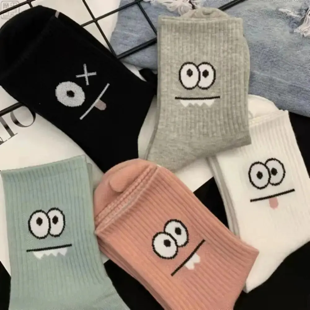 5/10 Pairs Women\'s Cute Expression Printed Ankle Socks Comfort Interesting Spring Autumn Medium Tube Sock Girls\' Short Socks