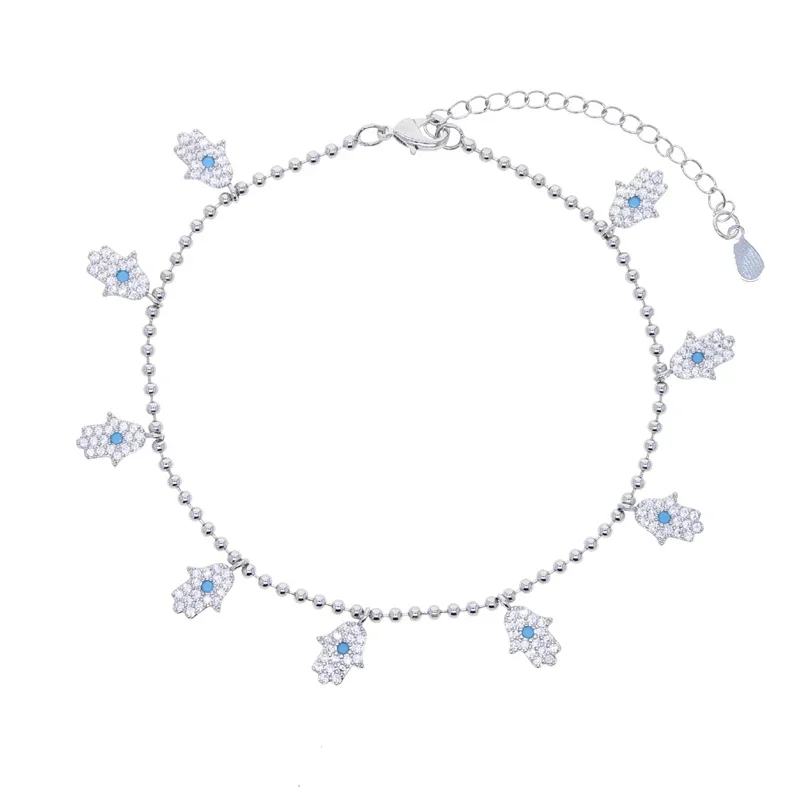 

Turkish Evil Eye Hamsa Hand Charm Chain Anklet Iced Out Cubic Zirconia CZ Paved Lucky Jewelry