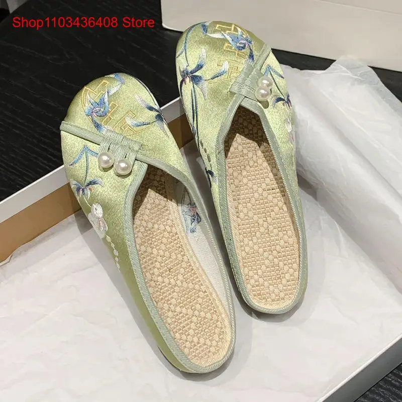 2024 Summer Ethnic Style Baotou Slippers Soft Bottom Han Element Retro Mercerized Satin Shoes Women\'s Sandals Two Sizes Smaller