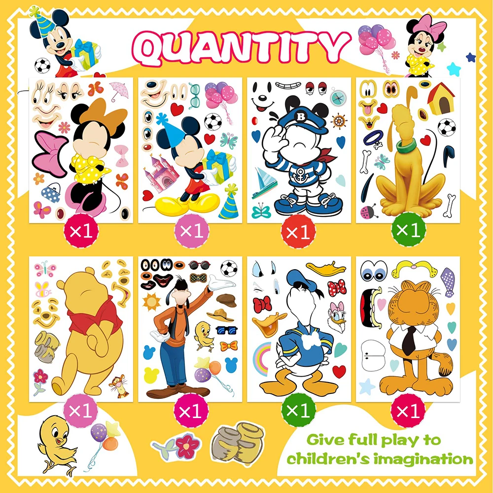 8Sheets Disney Cartoon Puzzle Stickers Make-a-Face Mickey Donald Duck Cute Children DIY Game Jigsaw Kids Toys Party Decoration