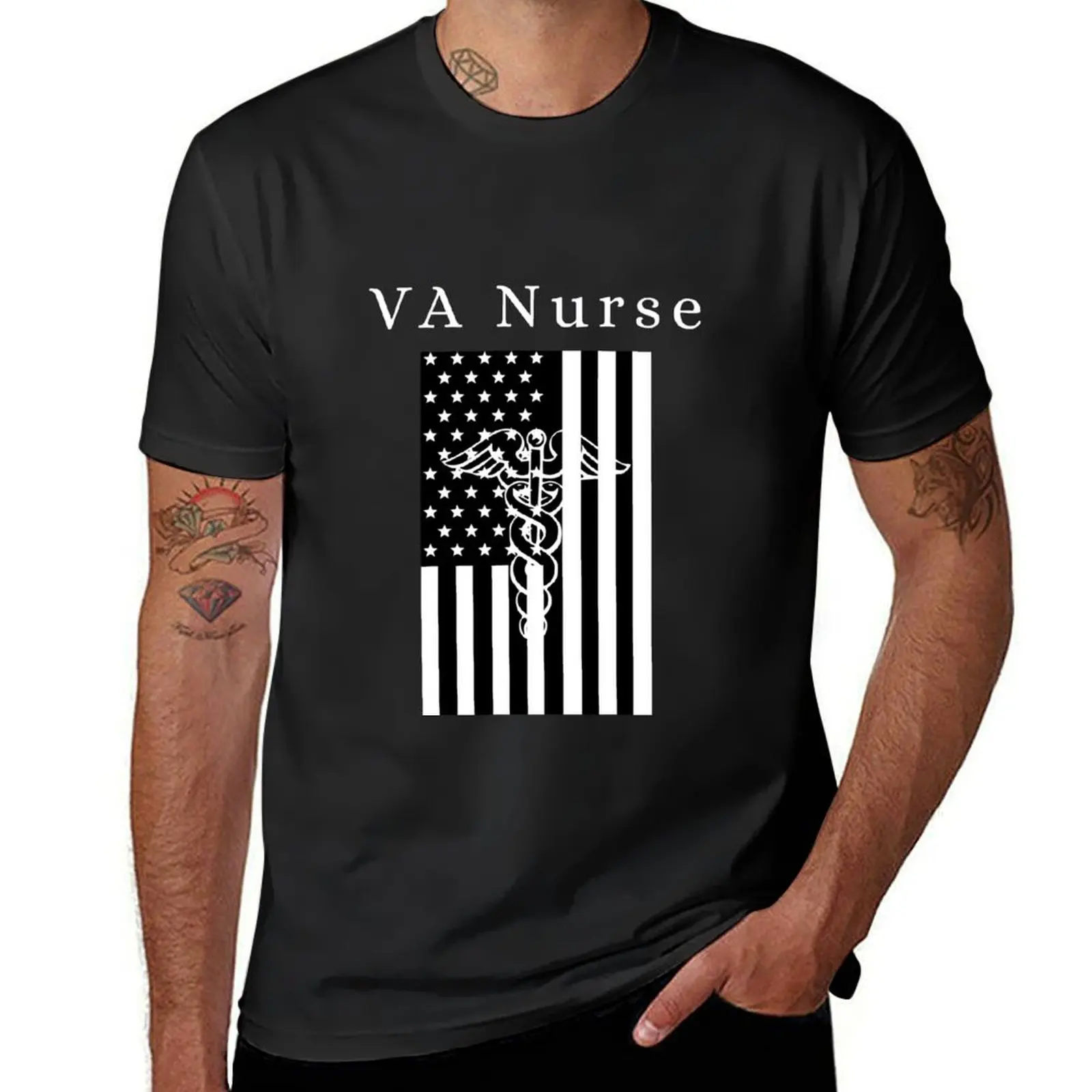 

VA Nurse Black and White Flag with Caduceus(white) T-Shirt shirts graphic oversized tshirts for men