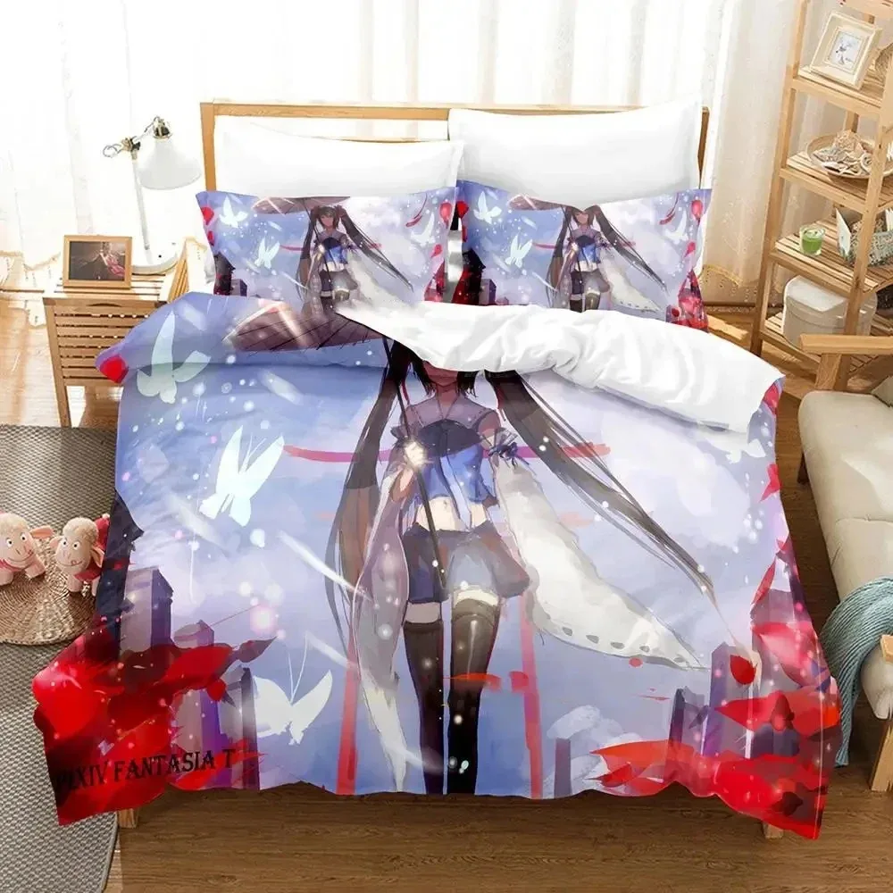 Set tempat tidur Anime Pixiv Asia fantt, Set tempat tidur penutup selimut, sarung bantal nyaman ukuran king Queen laki-laki dewasa