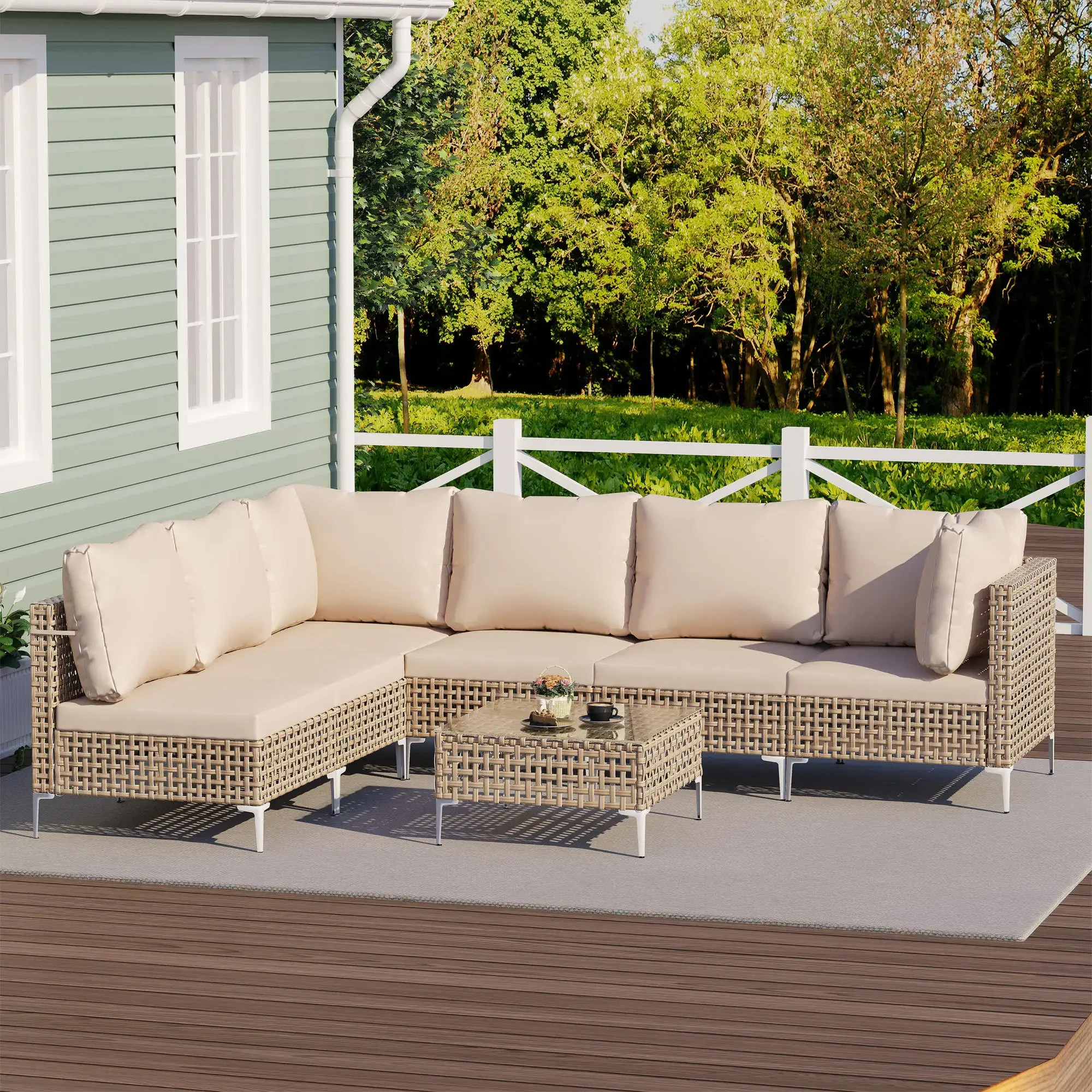 

Garden Sofa Set PE Wicker Aluminum Frame Sofas Villa Living Room Furniture Rattan Woven Outdoor L Shape Combinational Couch