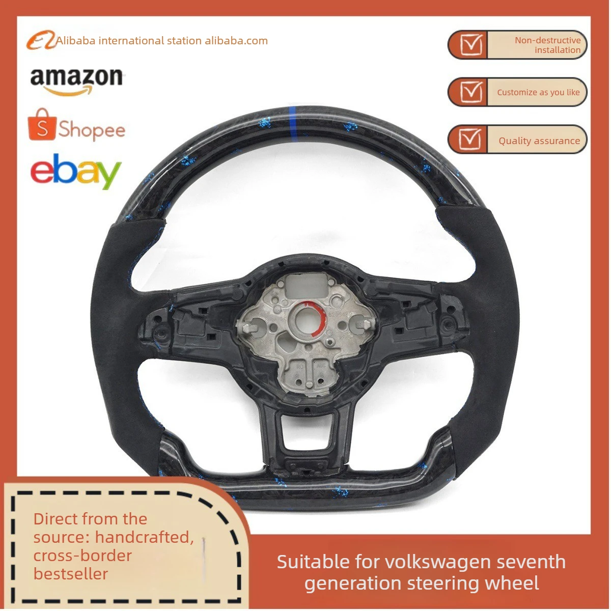 

Blue Carbon Fiber Steering Wheel for Golf 7GTI Semi-Flip Design with Block Standard Correcting Feature