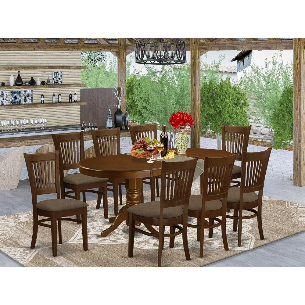 9 Piece Modern Dining Table Set Includes an Oval Wooden Table with Butterfly Leaf and 8 Linen