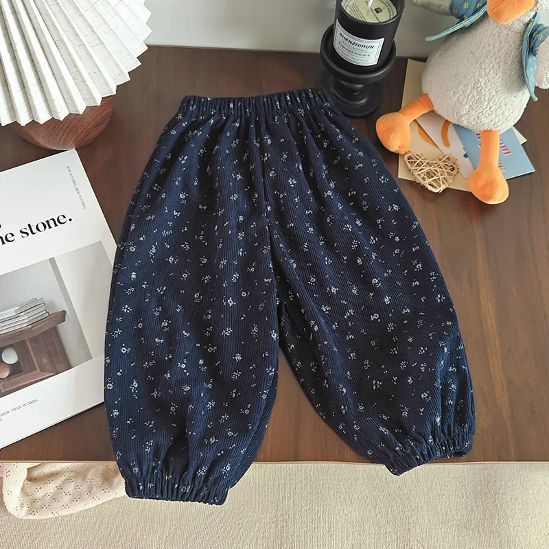 Baby Girls Deep Blue Pants Kids Full Printed Pant Corduroy Trousers Spring Autumn Children's Clothing Korean Style