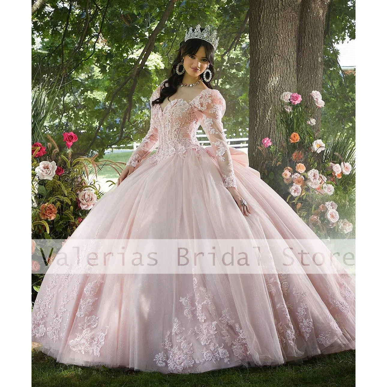 Robe Quinceanera rose clair pour filles, appliques de perles, manches longues, boule de cendrillon, robe de 15