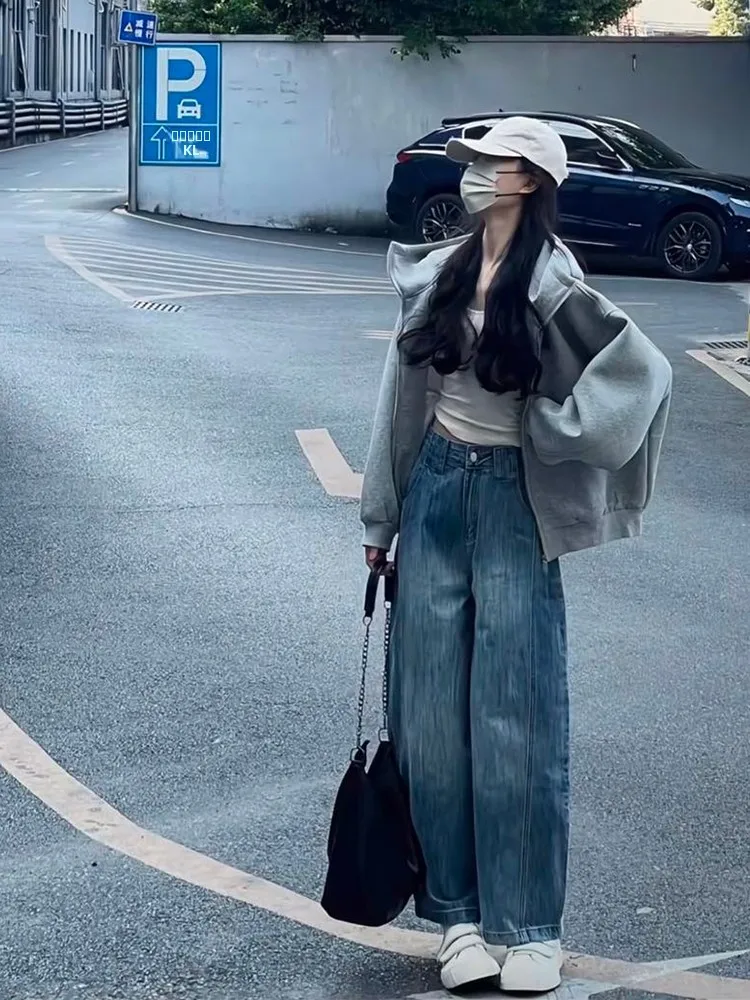 

Джинсы женские с высокой талией и широкими штанинами, весна 2025, новые, свободные, драпированные, в пол, для работы, синие джинсовые брюки