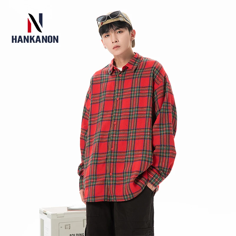 Plaid Shirt with Long Sleeves, Loose Fit, for Casual Men, Harajuku Style, Spring and Autumn Brushed Cotton Shirt.Oversized