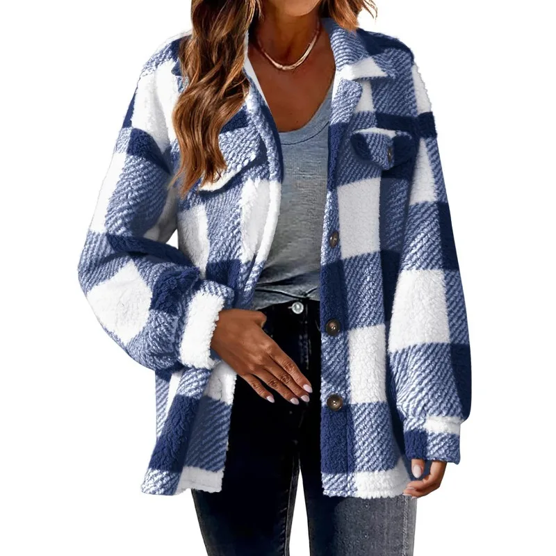 2024 Autumn Winter New Women's Clothing Pocket Plaid Lambswool Jacket Button Plush Coat Shacket