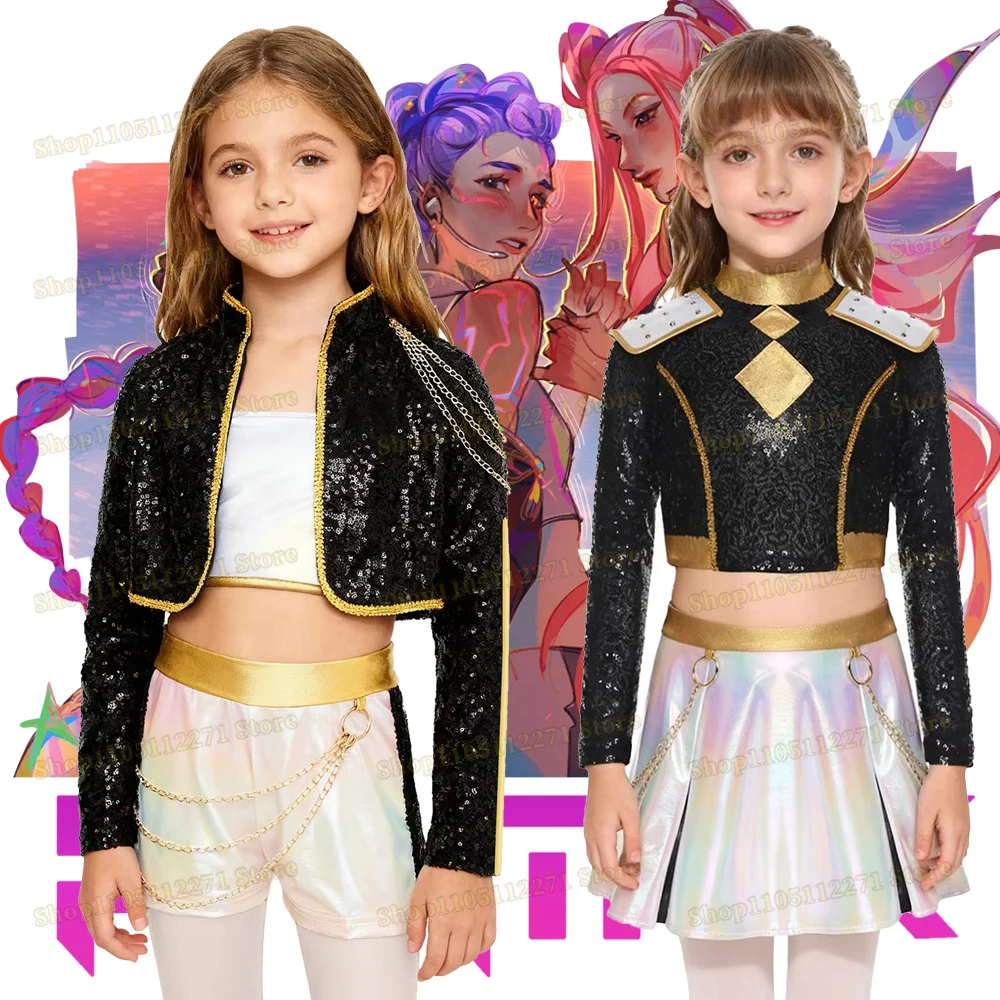 Decorazioni per ragazze per bambini Hunter Personaggio anime Demone Costume cosplay Costume Gloss Petto Nappa Crop Top e gonna con catene in vita