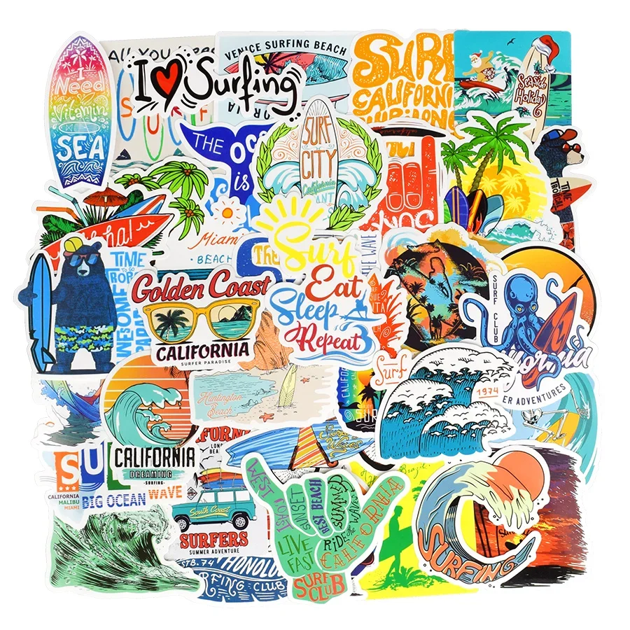 50PCS Surfing Sport Sticker Surfboard Summer Cool Car Stickers and Decals Waterproof Stickers for Skateboard Bike Laptop Helmet