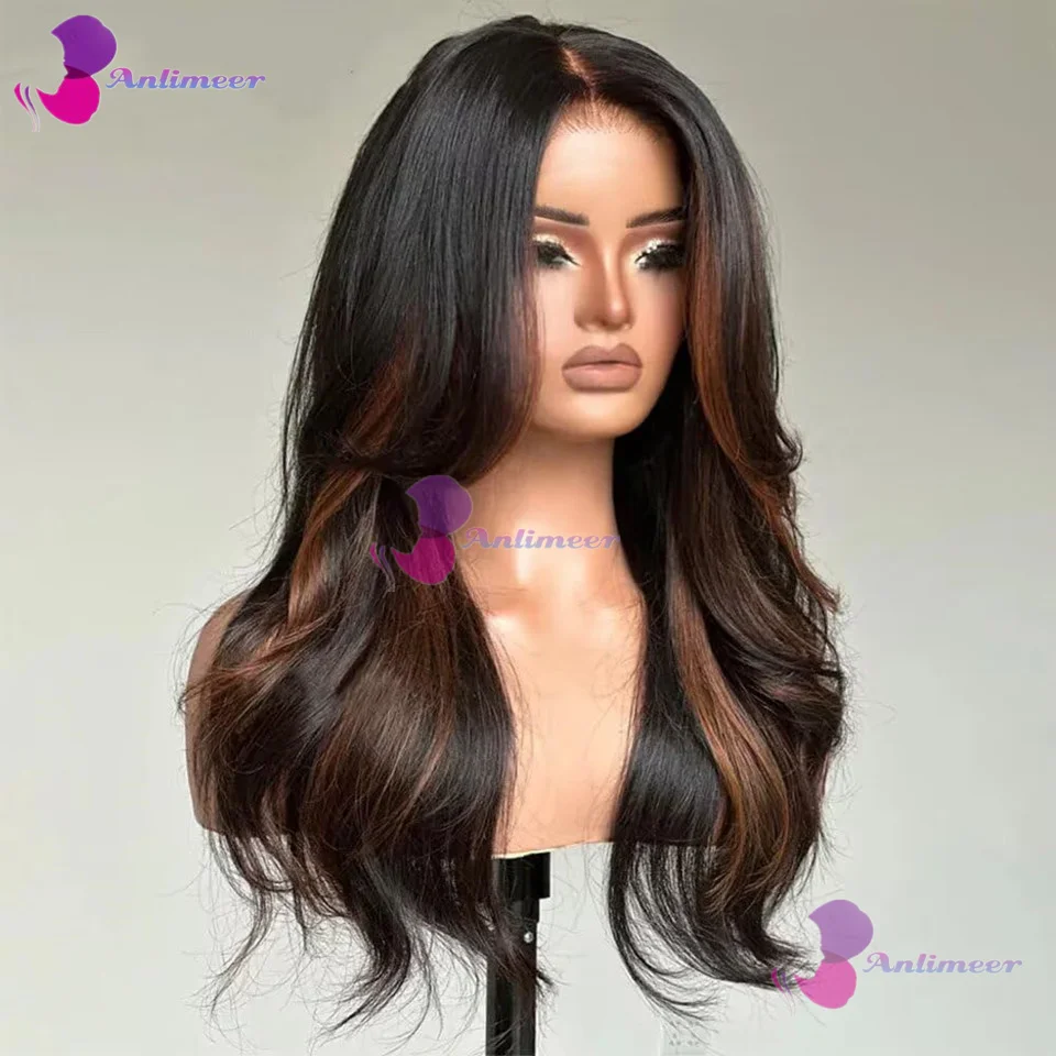 

Natural Wave Glueless Dark Brown Thin Line Highlight Black Human Hair 13x6/360 Lace Front Human Hair Wigs Bleached Knots Wigs