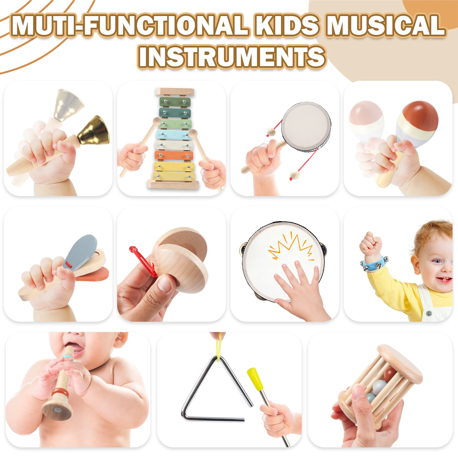ชุดเครื่องดนตรีเด็ก 11 ชิ้นใน 1 ชุด, เครื่องดนตรีเคาะจังหวะทำจากไม้ ของเล่นสำหรับเด็กเล็ก เด็กก่อนวัยเรียน ชุดของเล่นดนตรีเพื่อการศึกษาสำหรับเด็ก B
