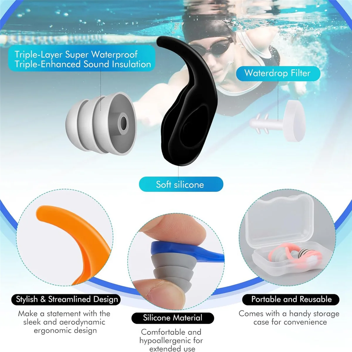 Ear Plugs for Swimming 3 Pairs Adults Kids Swim Ear Plugs Swimmers Ear Plugs for Men Women Waterproof Earplugs A