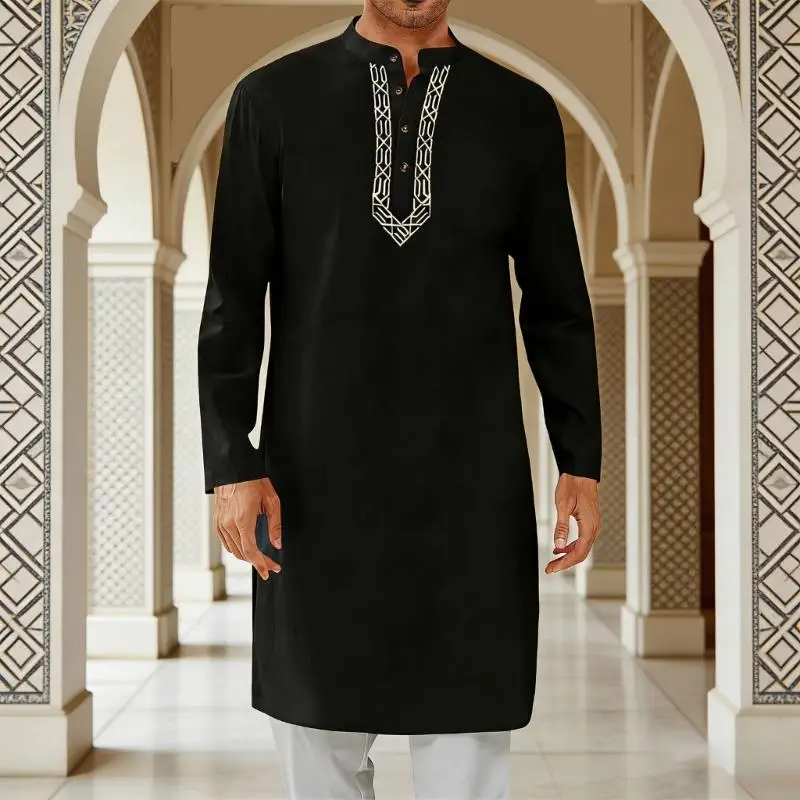 

Y3NE Мужской свободный крой мусульманский длинный халат с вышивкой Легкое движение Жаркая погода Смесь хлопка в арабском стиле