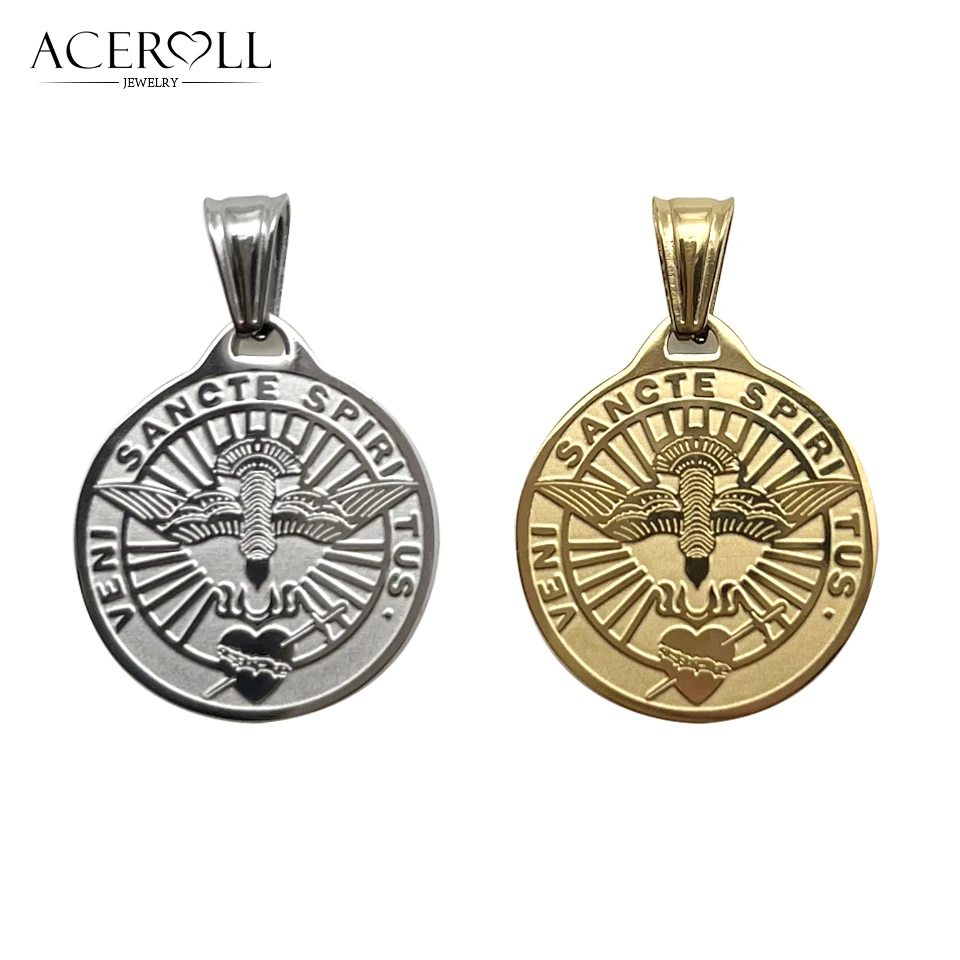 ACEROLL Stainless Steel Pendant of Come Holy Spirit Medal For Catholic