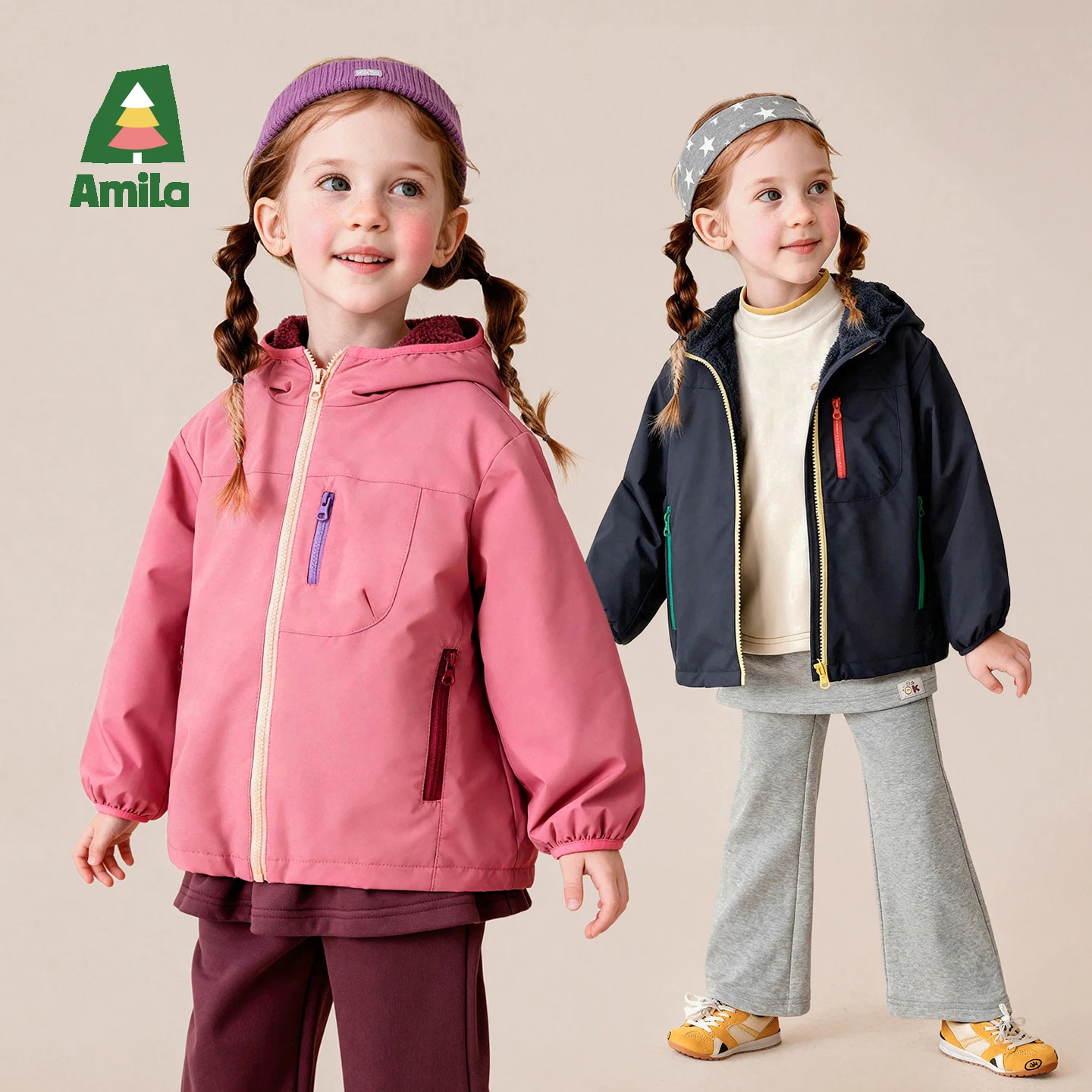 Amila 2026 Autumn New Kids Fleece Lined Jacket Warm Color Block Hooded Windproof Soft Cozy Daily Casual Outerwear