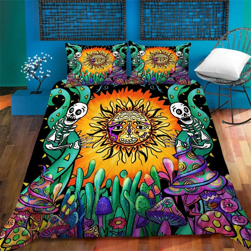 Sun Duvet Cover Colorful Mushrooms Bedding Burning Sun Comforter Cover Halloween Skull Hippie Style Bedding Bedroom Decoration