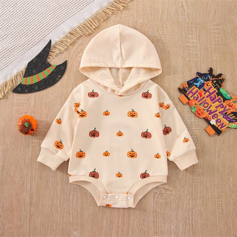 

Cute Infant Toddler Halloween Costume Ghost Print Hooded with Long Sleeves and Snap Closure 0-24 Months