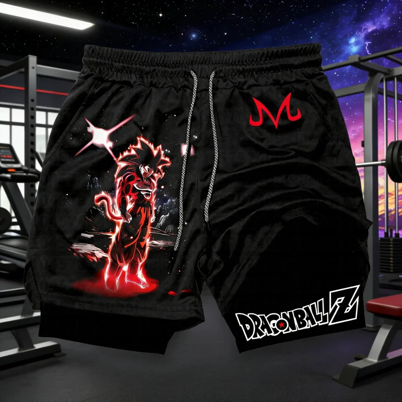 

2026 Summer Dragon Ball Double Layer Sports Shorts for Men, Goku Super Saiyan 4 Print Quick Dry Fitness Workout Shorts Oversized