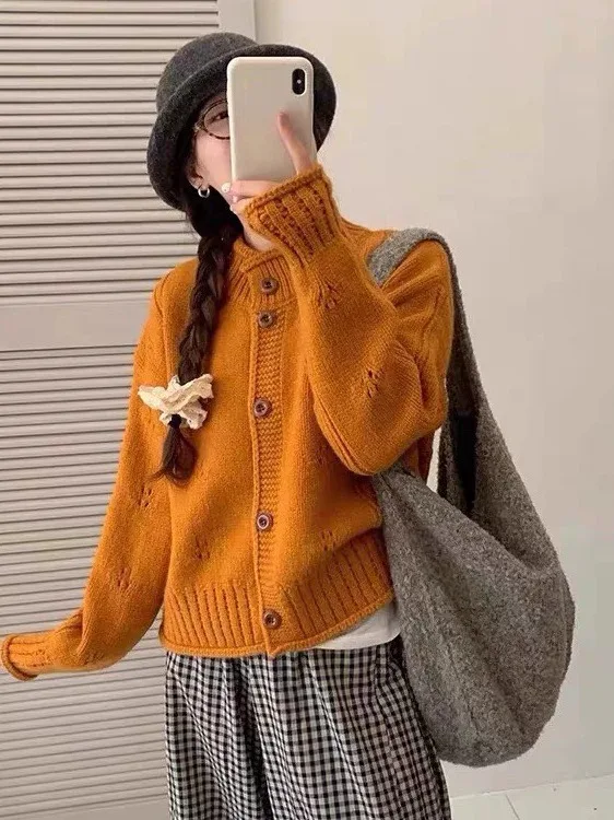 

Женский вязаный открытый кардиган-свитер, пальто V-Ne, вязаный крючком, свободный крой, цвет, осенний дизайн, с манжетами, све, длинный слэ...