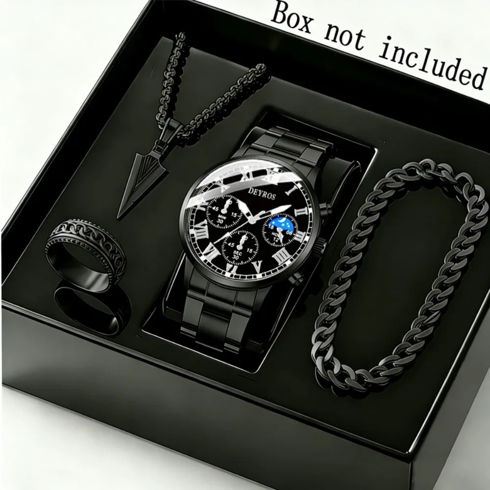 4pcs/set Men's Watch and Triangle Spearhead Necklace Set Stylish Business Quartz Watch for Men, Stainless Steel Strap