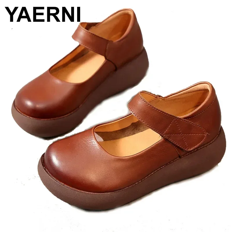 YAERNI Spring Summer Women Flat Platform Shoes Retro Shallow Round Toe Casual Shoes Women Genuine Leather Platform Shoes