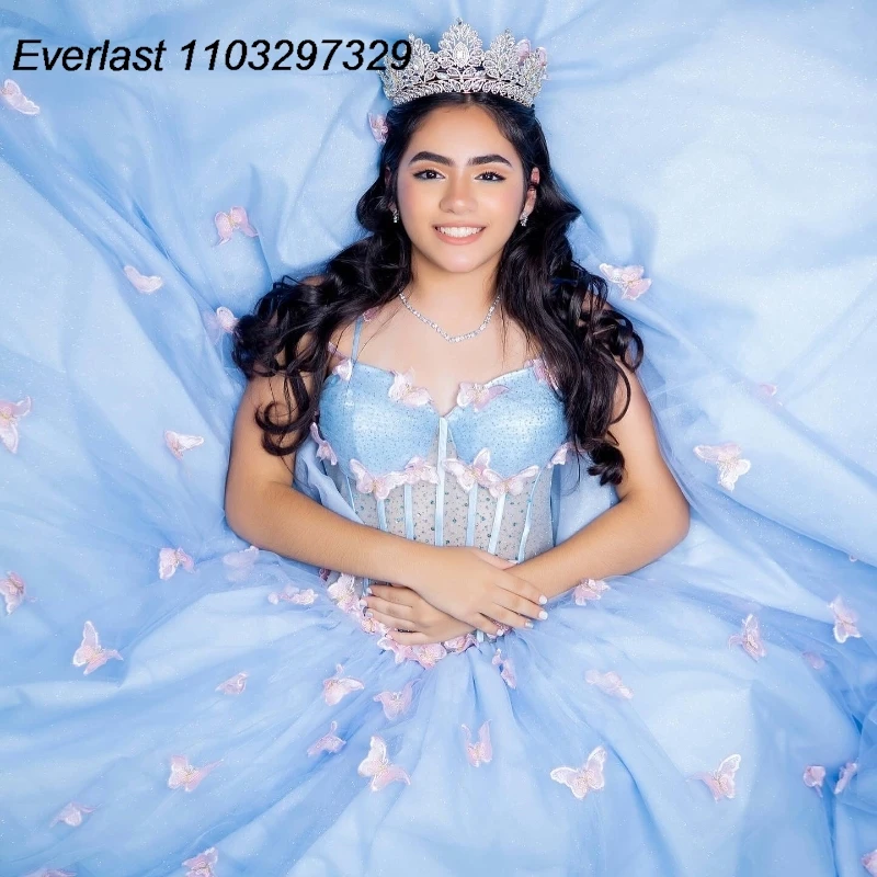 EVLAST-Vestido De quinceañera azul brillante, Vestido De baile, apliques De mariposa rosa, corsé De lazo con cuentas, dulce 16, 15 años, TQD455