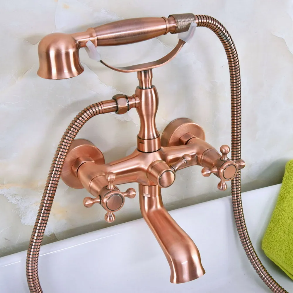 

Antique Red Copper Bathtub Faucets Telephone Style Tub Mixer Taps Dual Handle Bathroom Bath Shower Faucet with Handshower tna339