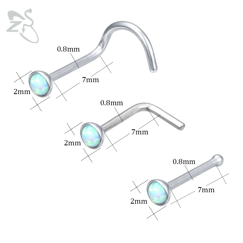 ZS 3-5pcs/lot Stainless Steel Nose Piercing Set Colorful Opal Nose Studs Retainer Pin L Shape 2MM Nostril Piercing Jewelry 20g