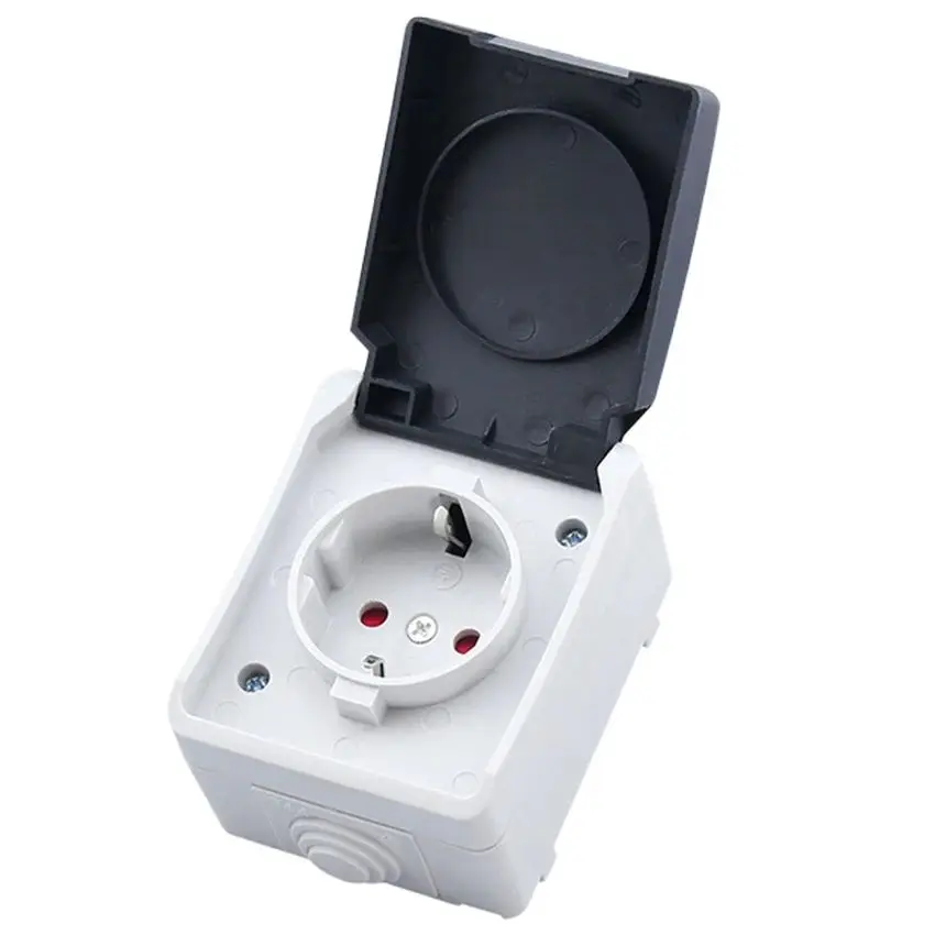 European German 1Way 16A Surface Mounted Outdoor Waterproof Power Wall Socket Kitchen Bathroom Splash-proof EU Outlet IP44