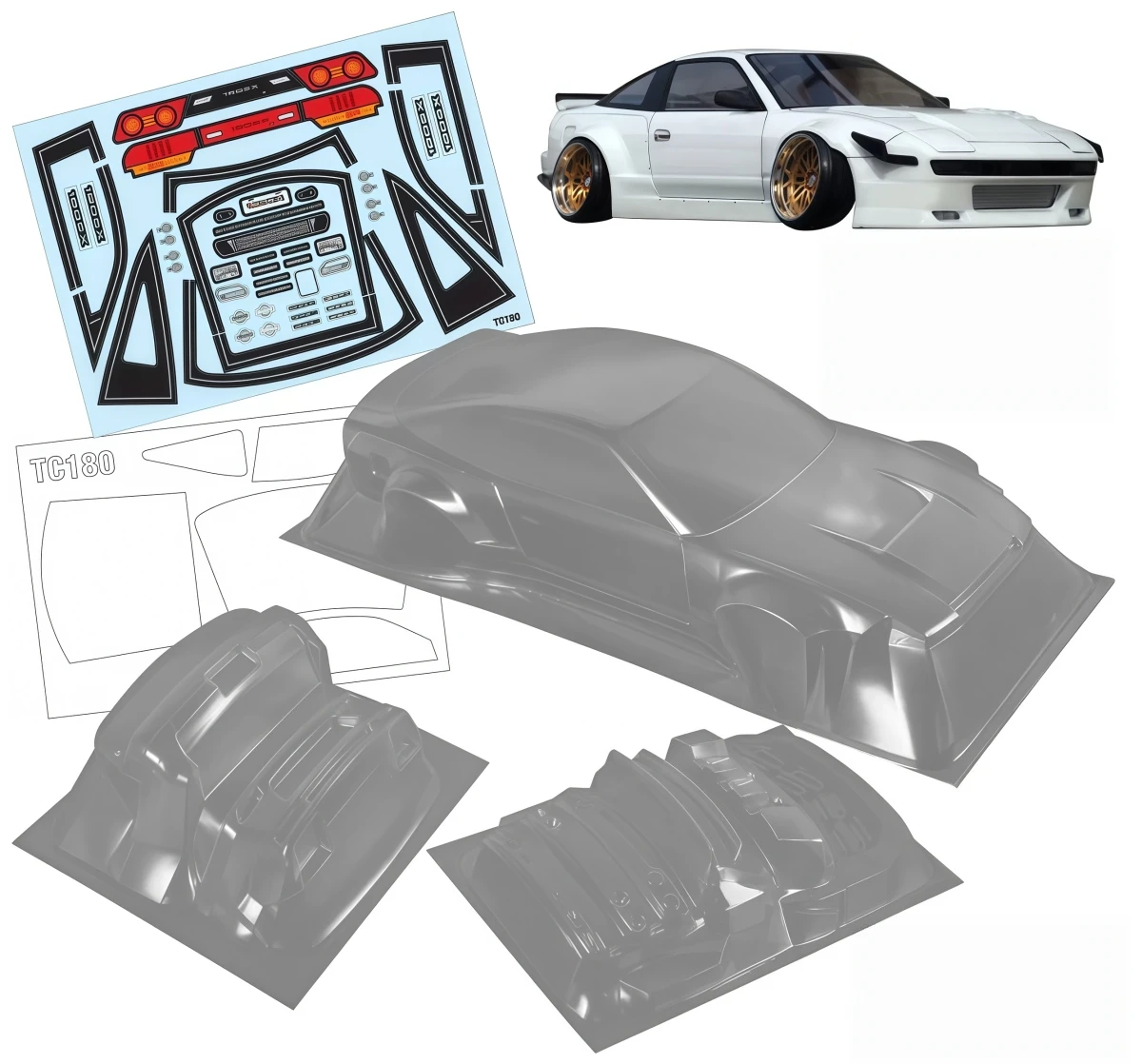 TC180 1/10 180SX Clear PC Drift Body Shell 195mm Width With Light Buckles /Mirrors & Decals
