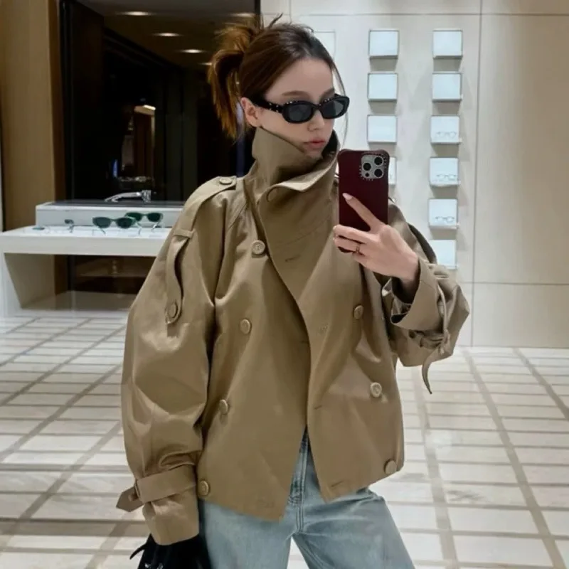 Khaki Brown Stand Collar Double Breasted Short Trench Coat Stylish Windproof Outerwear for Women Autumn Winter Daily Wear