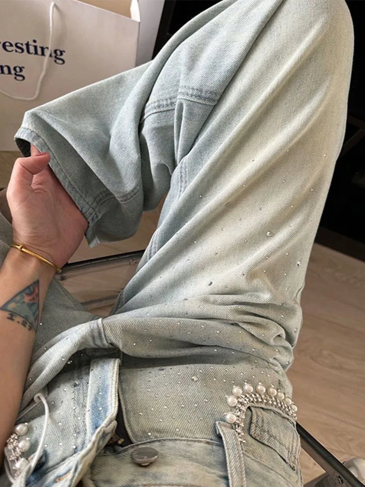 

Y2k Pearl Hot Rhinestones Denim Trousers for 2025 Autumn Women High Rise Straight Wide Leg Baggy Jeans Casual Pant