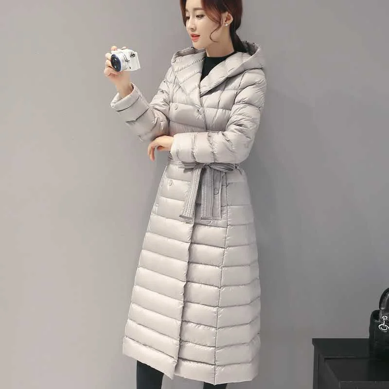 With Belt Winter Double Breasted Hooded Down Coat Women Warm Light Thin White Duck Down Jacket Lady Long Puffer Parkas Outwears