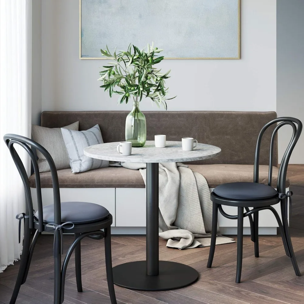 Small Mid-Century Modern Kitchen or Dining Table with Faux Carrara Marble Top and Brushed Metal Pedestal Base