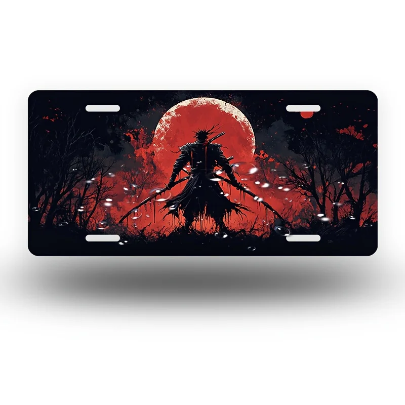 2D Flat Design-a Samurai Under a Blood on a Front License Plate,Featuring a Vibrant Samurai,Durable And Easy to Clean