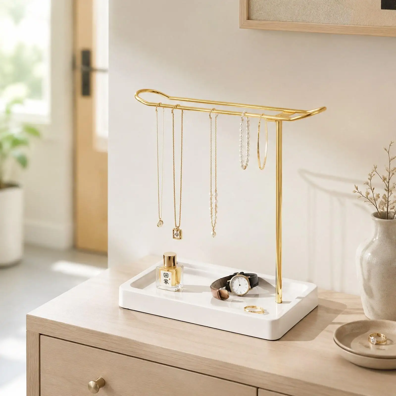 Desktop Jewelry Holder Iron Wood Necklace Rack Open Access Organizer for Bedroom Living Room