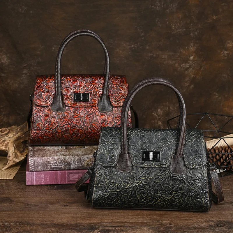 

New leather women's retro handbag Chinese style cheongsam bag top layer cowhide old shoulder fashion simple versatile casual bus